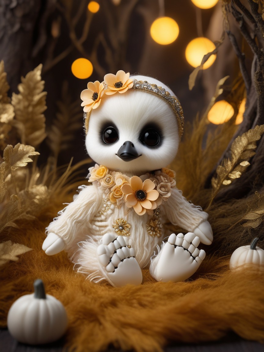 Owl Doll in Fluffy Outfit with Autumn Decor