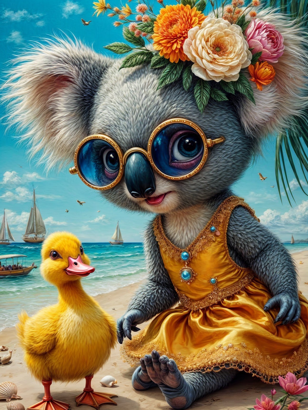 Whimsical Koala and Duckling on a Beach Scene
