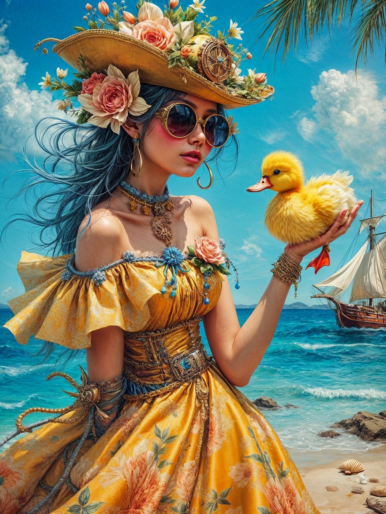 Young woman in floral dress at a beach with duckling