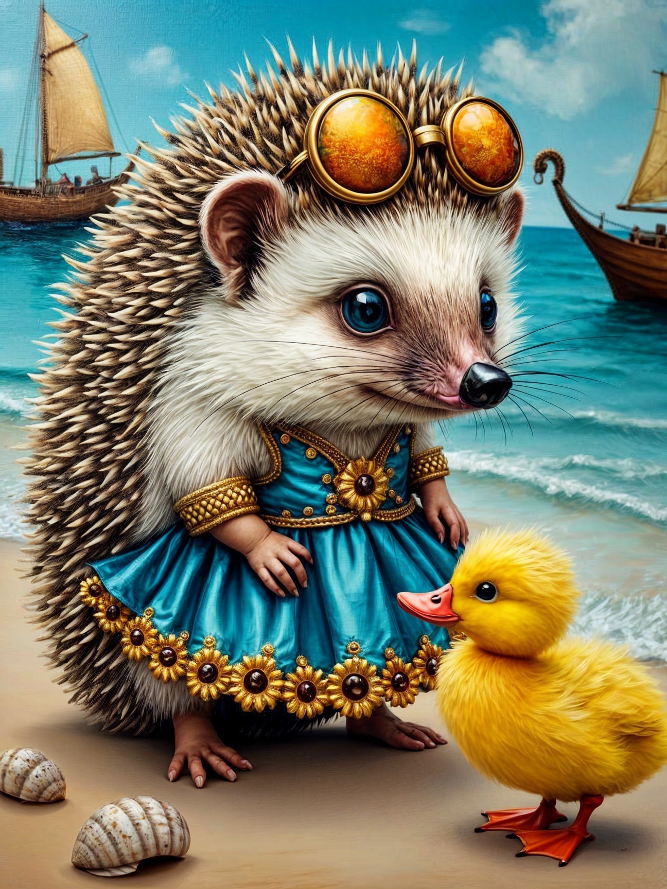 Hedgehog in Blue Dress with Duckling on Beach Scene