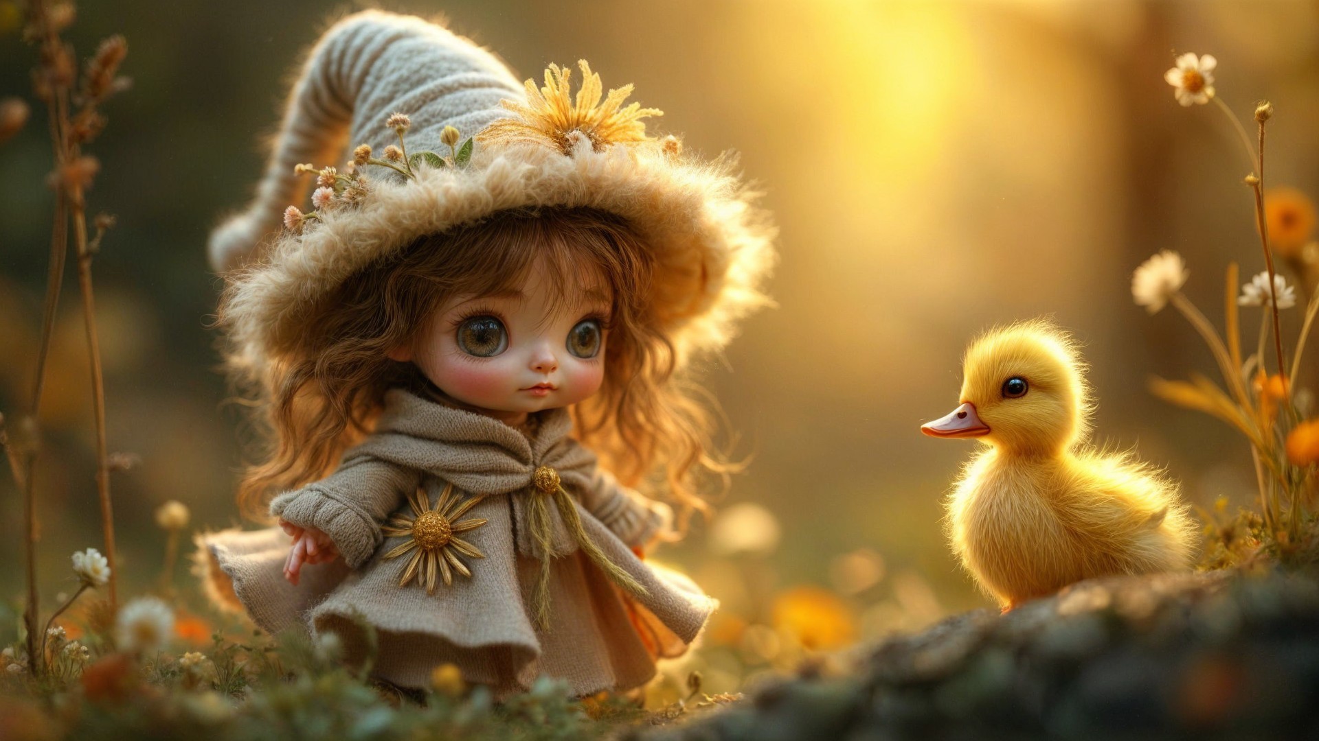 Miniature Doll with Duckling in Enchanted Setting