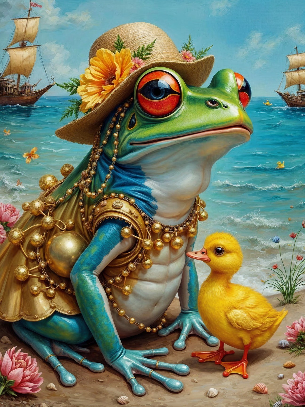 Whimsical Frog and Duckling by a Colorful Shore