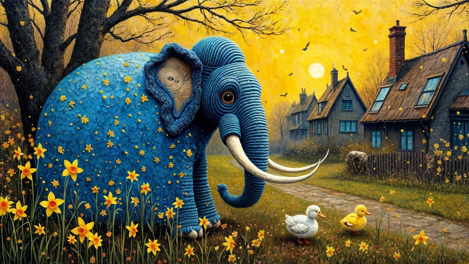 Whimsical Painting of Blue Knitted Elephant in Field