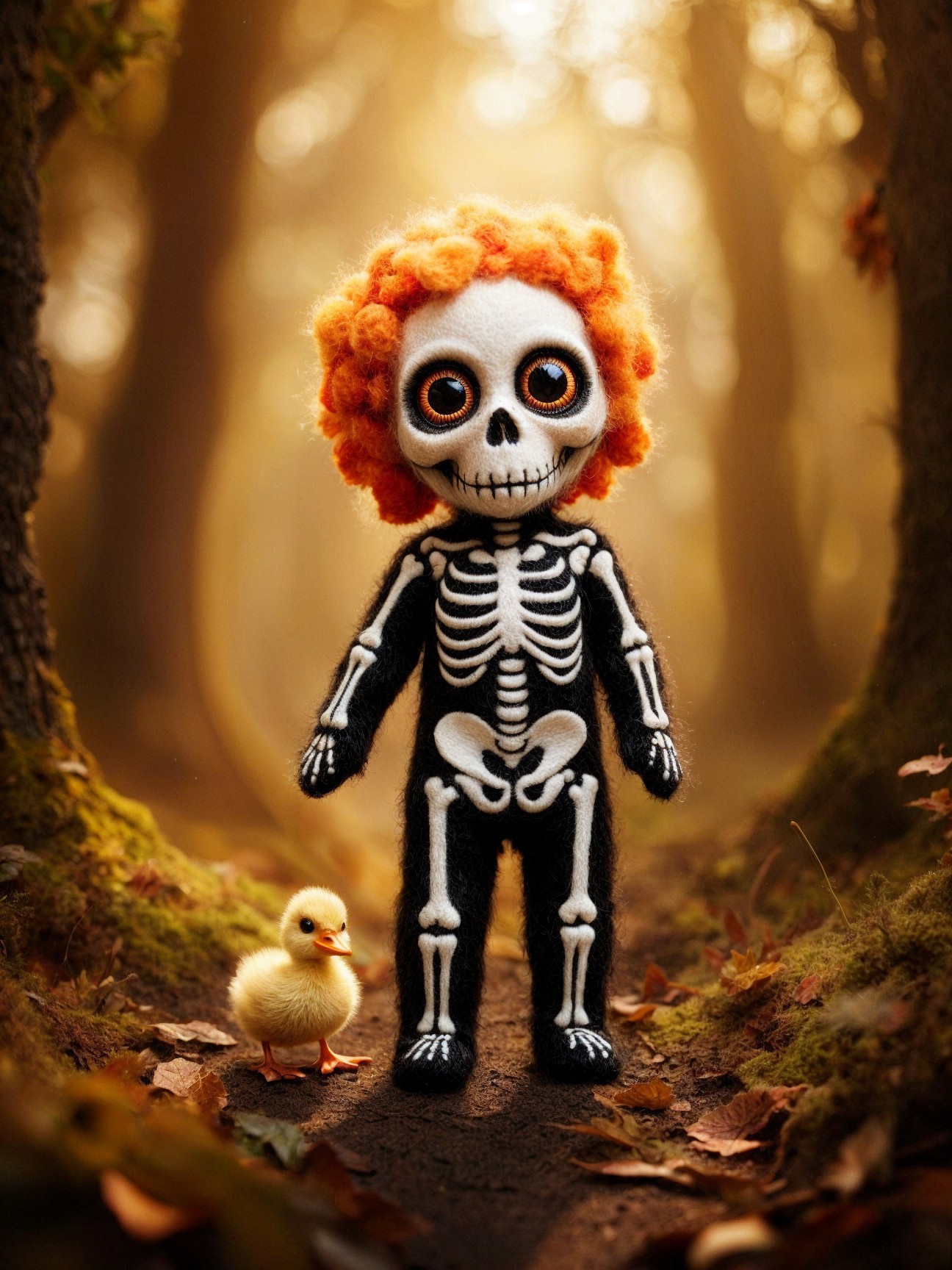 Skeleton Doll and Duckling in Whimsical Forest Scene