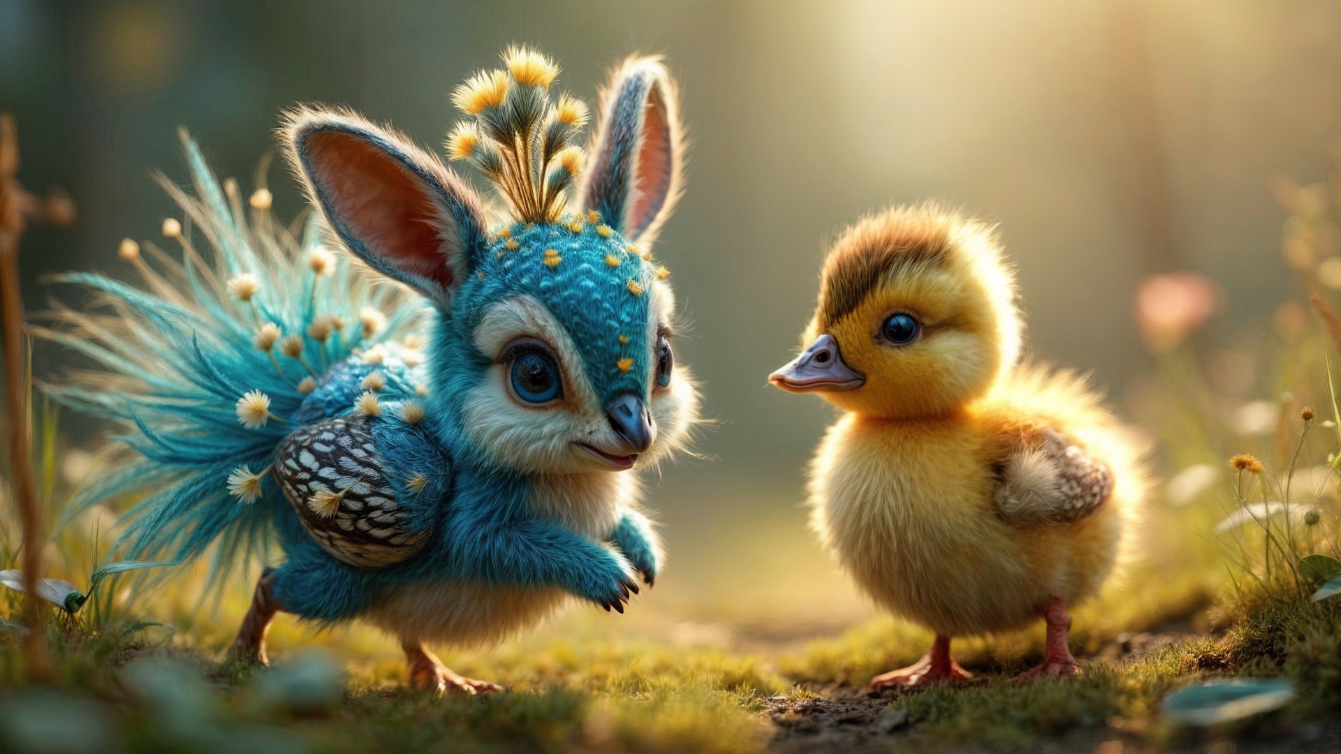 Whimsical Scene of a Blue Bunny-Bird and Duckling