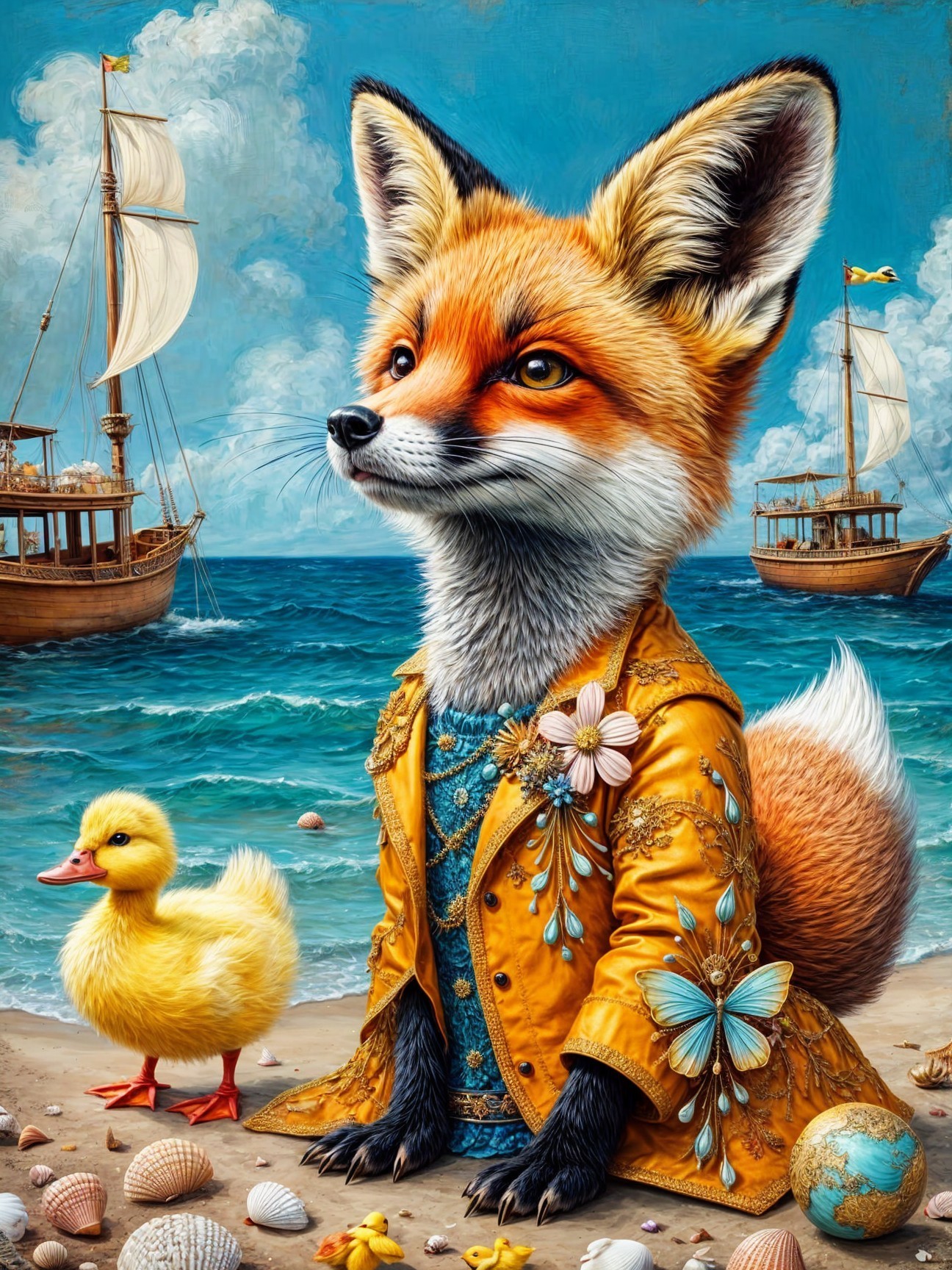 Whimsical Beach Scene with Fox and Duckling