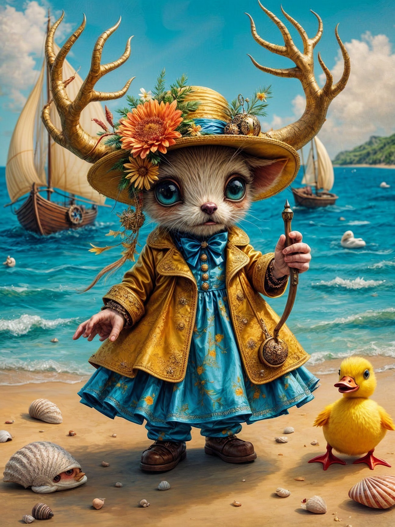 Whimsical Beach Scene with Cat-like Character and Duck