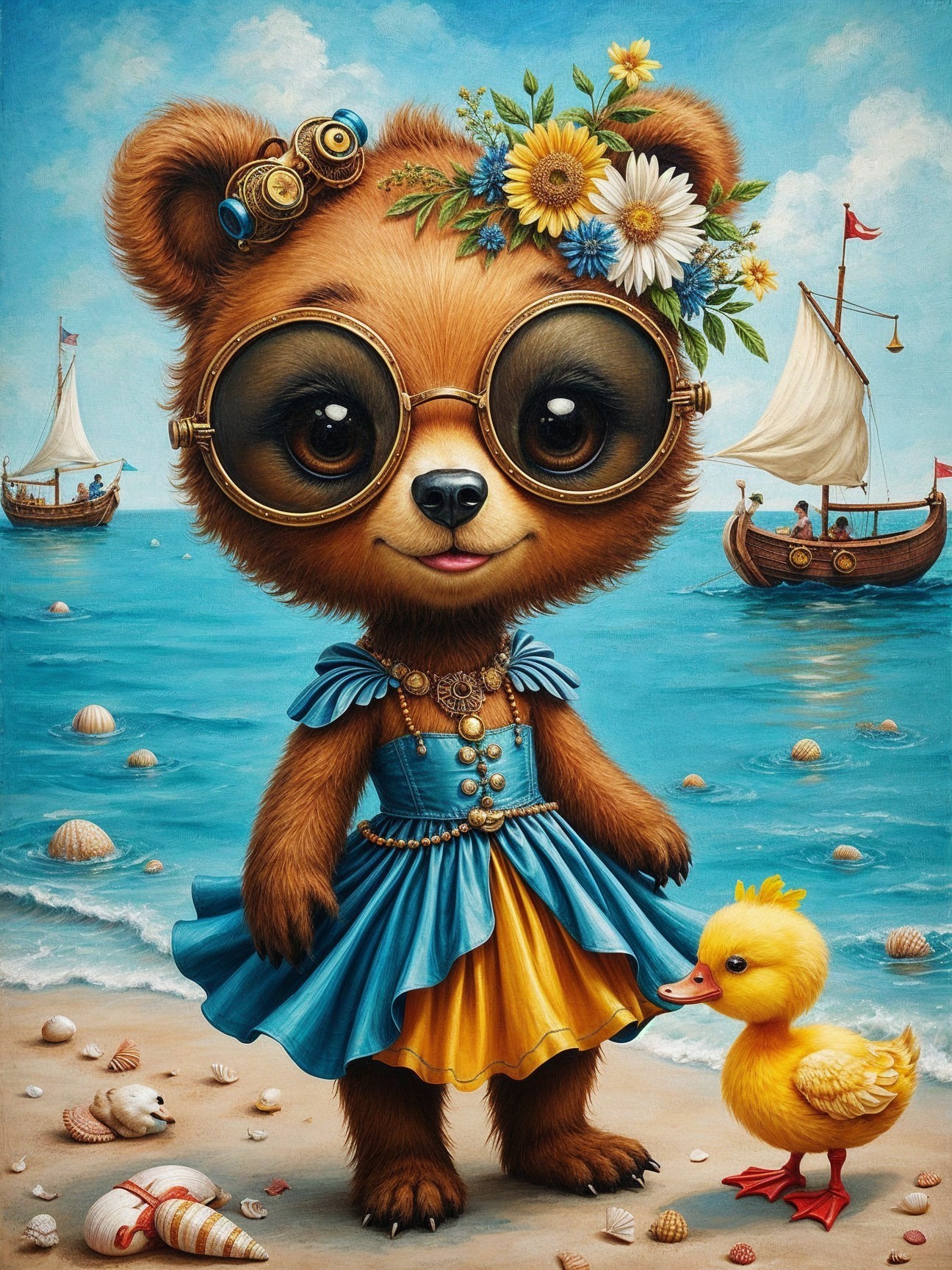 Whimsical Bear in Glasses at a Sandy Beach Scene
