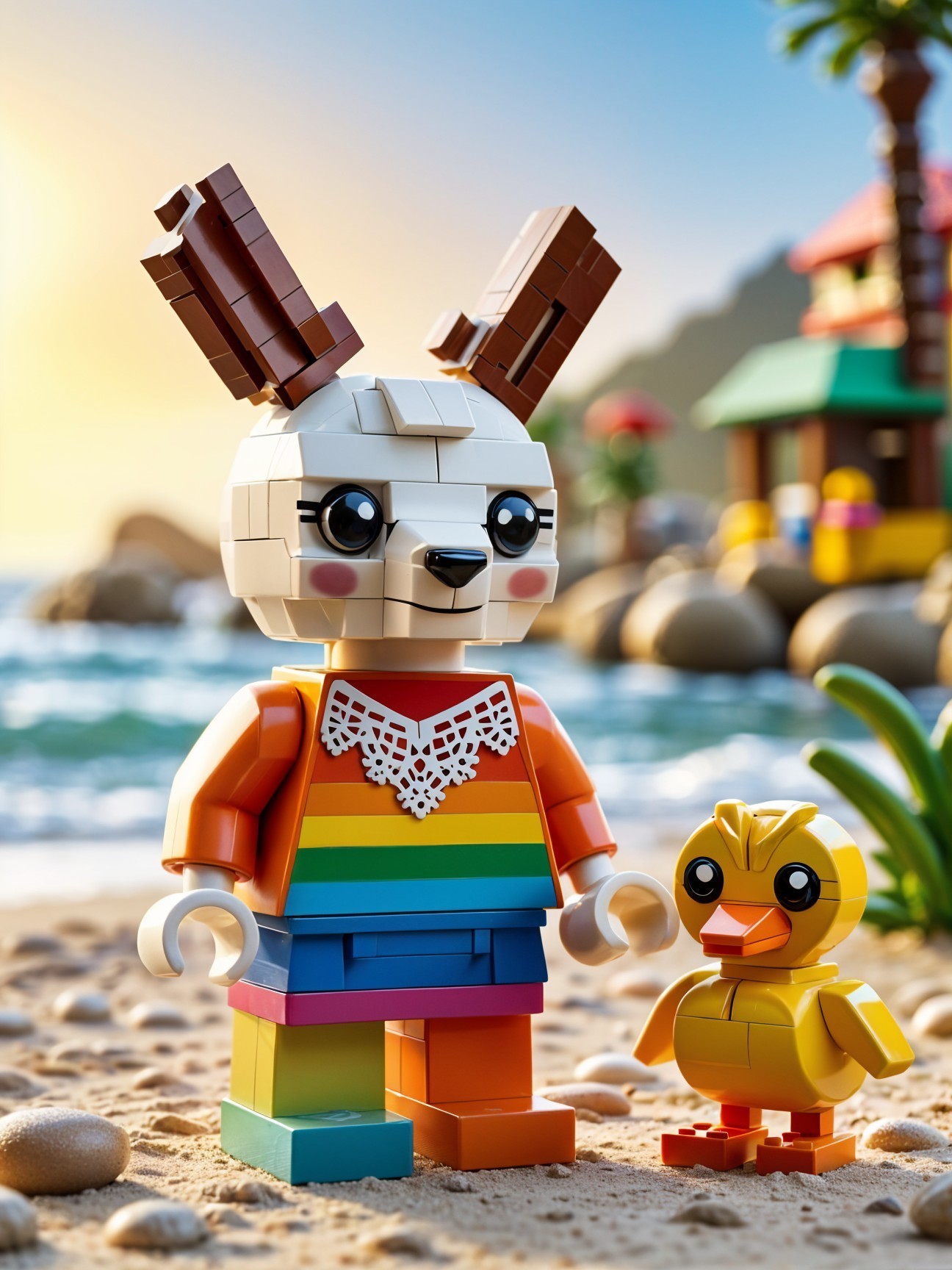Whimsical LEGO Bunny and Duck on Colorful Beach Scene