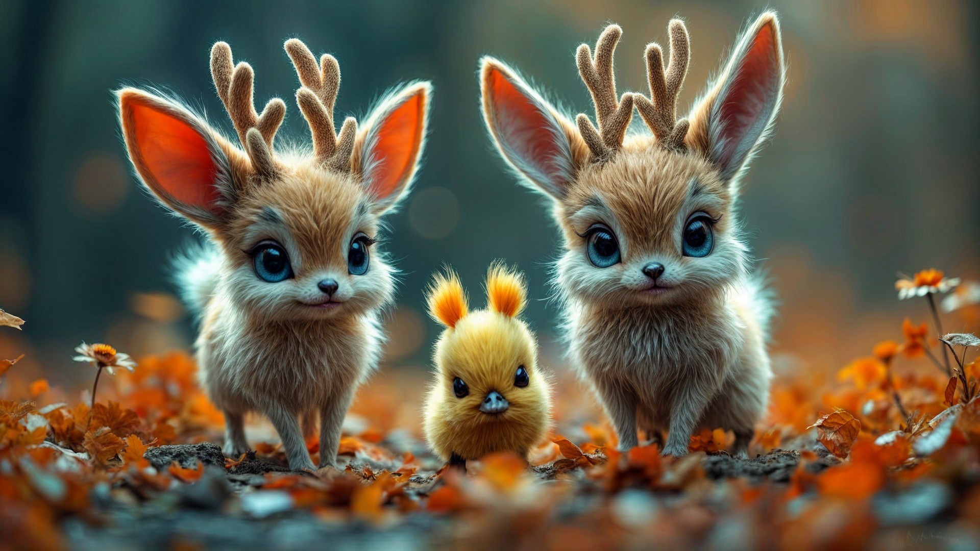 Whimsical Forest Scene with Fluffy Creatures and Leaves
