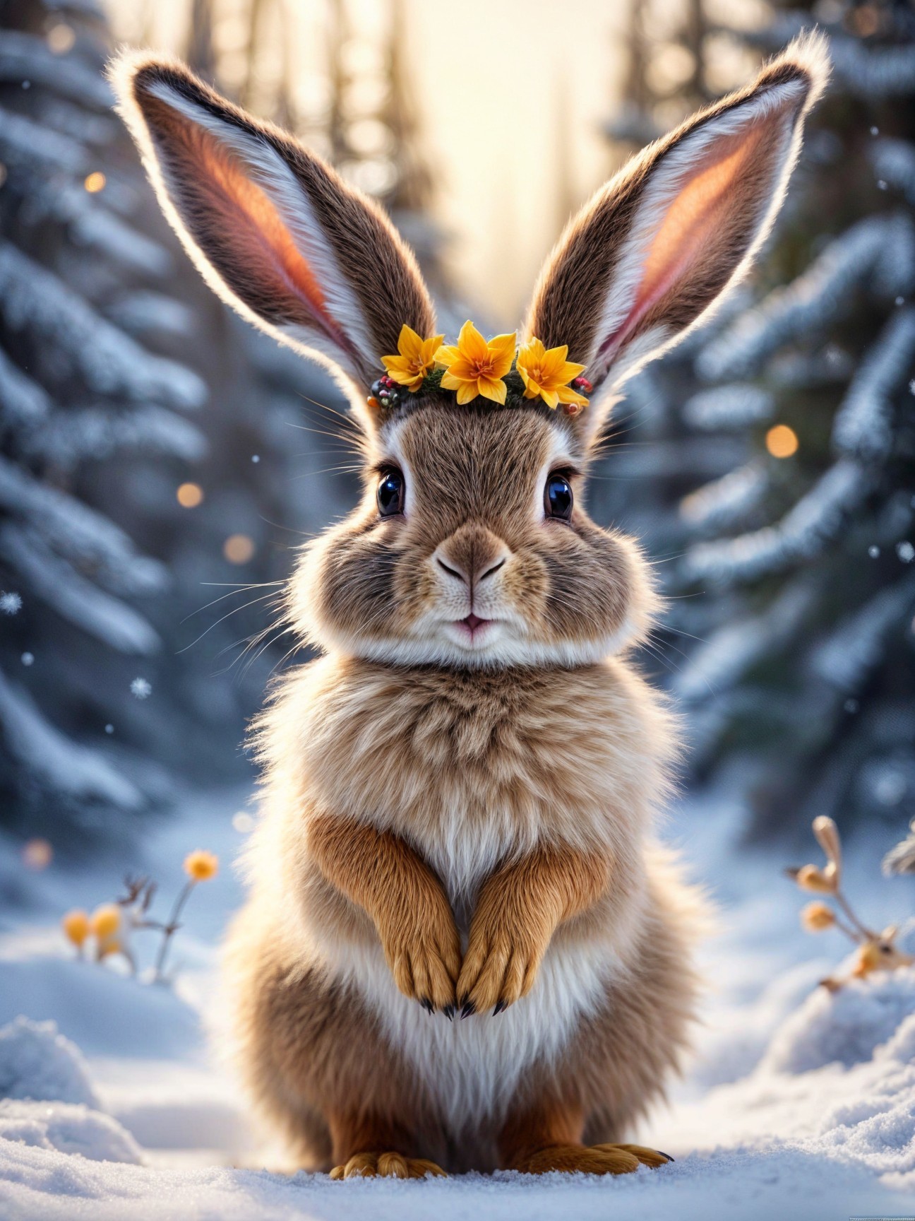 Fluffy Rabbit in Snowy Landscape with Flower Crown