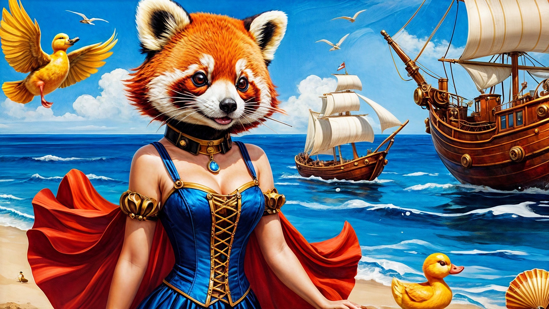 Character in Red Panda Head on Beach Scene