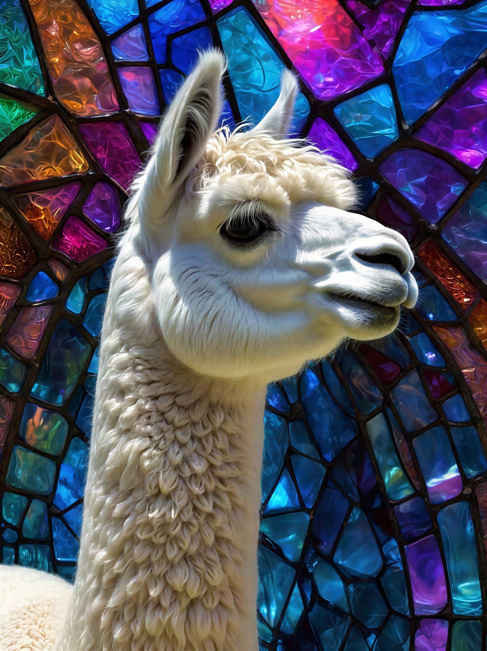 Close-Up of White Alpaca with Stained Glass Background