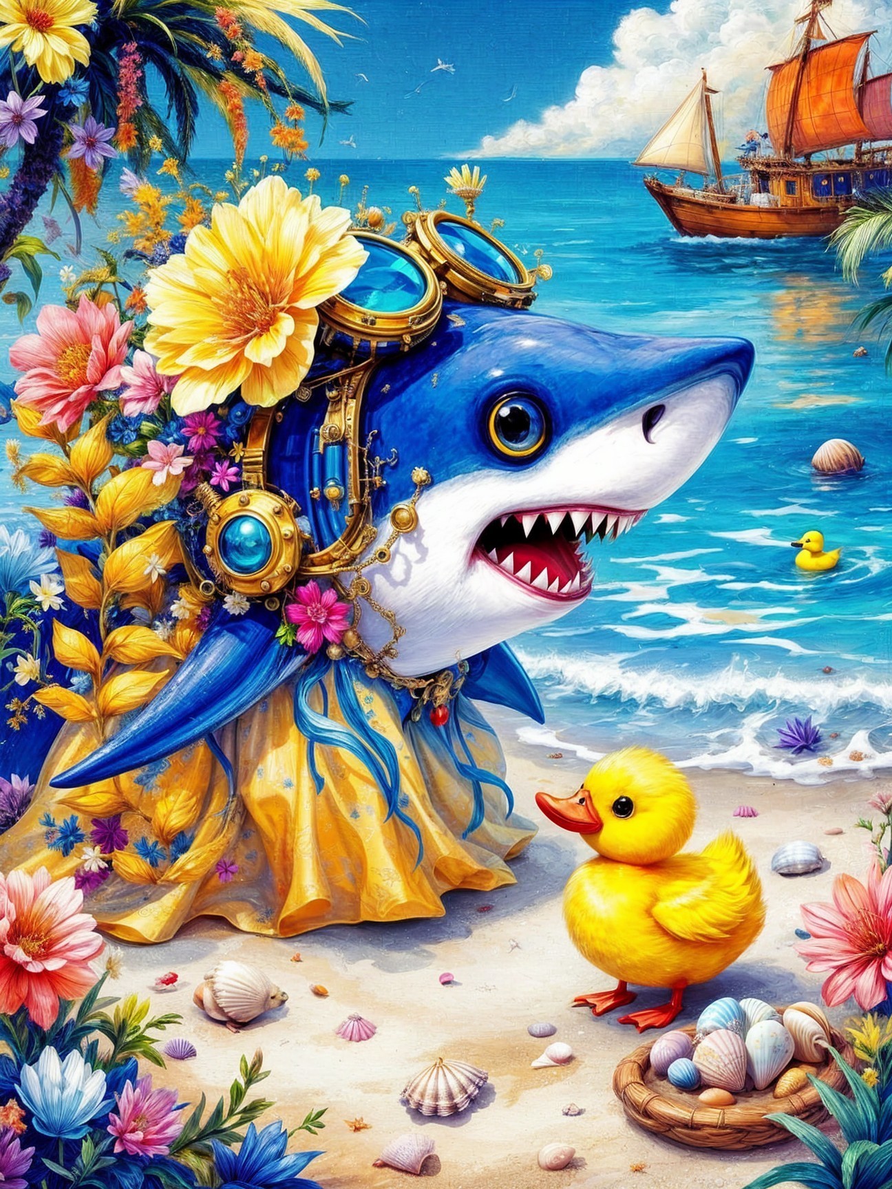 Whimsical Beach Scene with Shark and Duckling