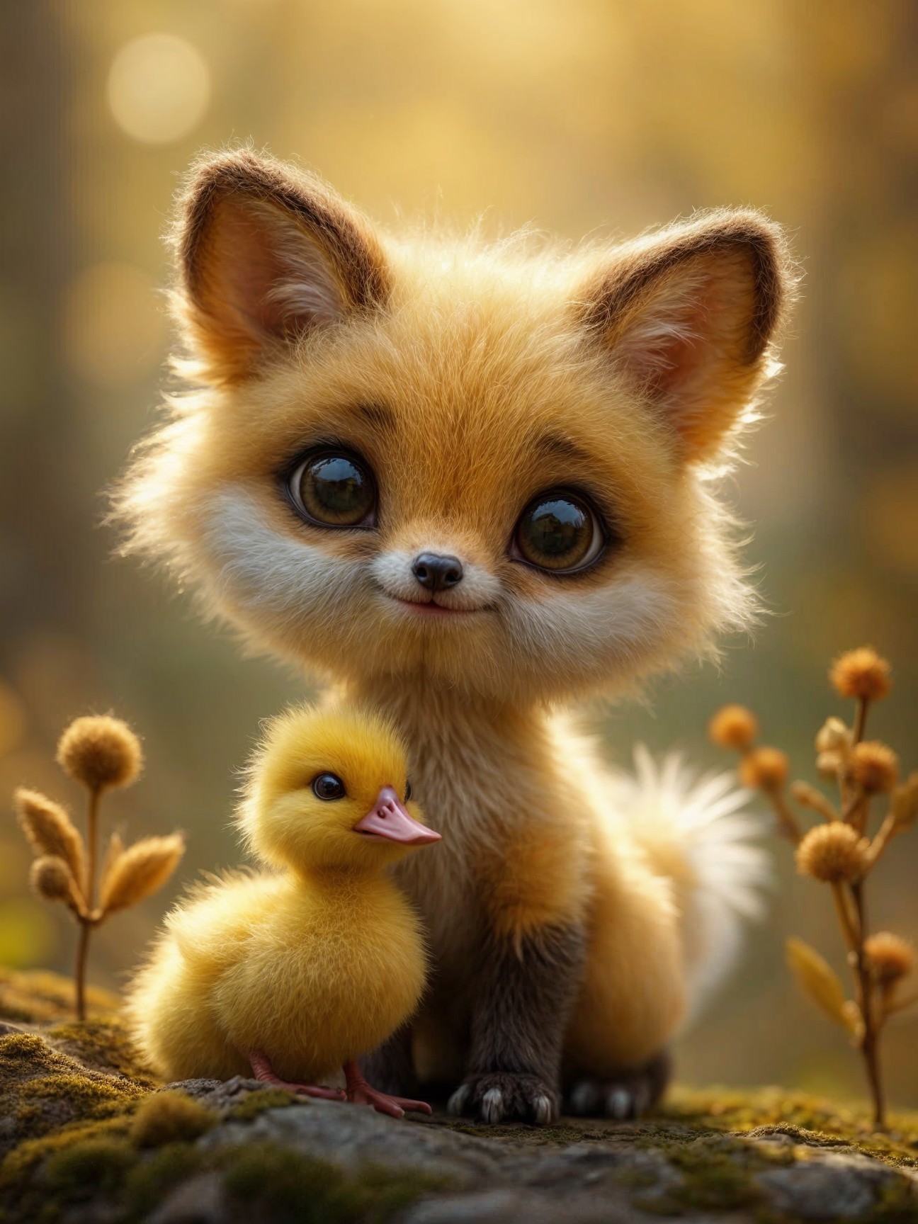 Whimsical Forest Scene with Fox and Duckling