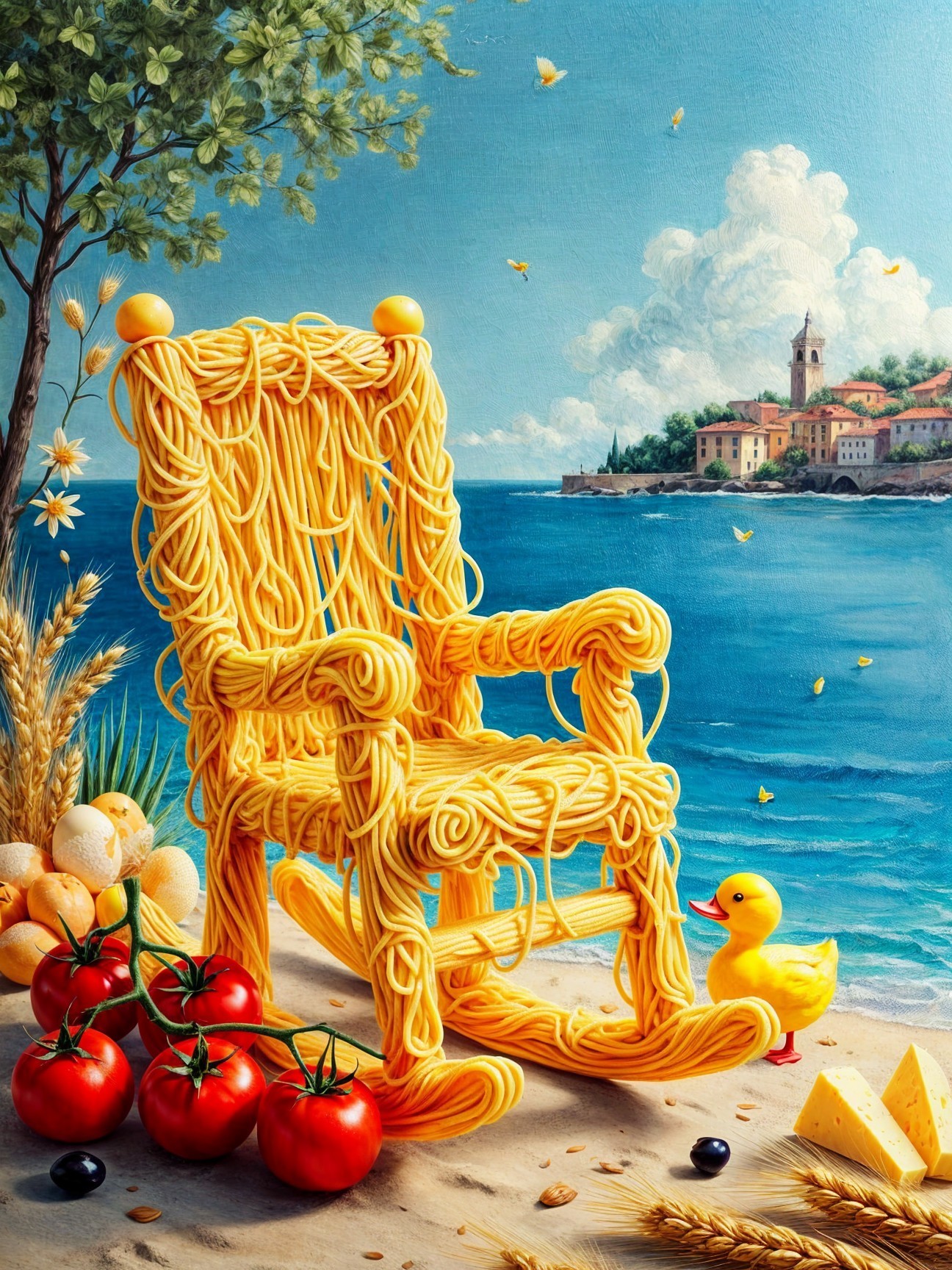 Whimsical Scene of Pasta Chair by Coastal Landscape