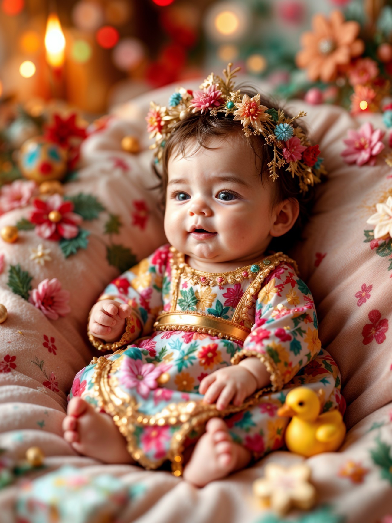 Joyful Baby in Colorful Floral Setting with Crown