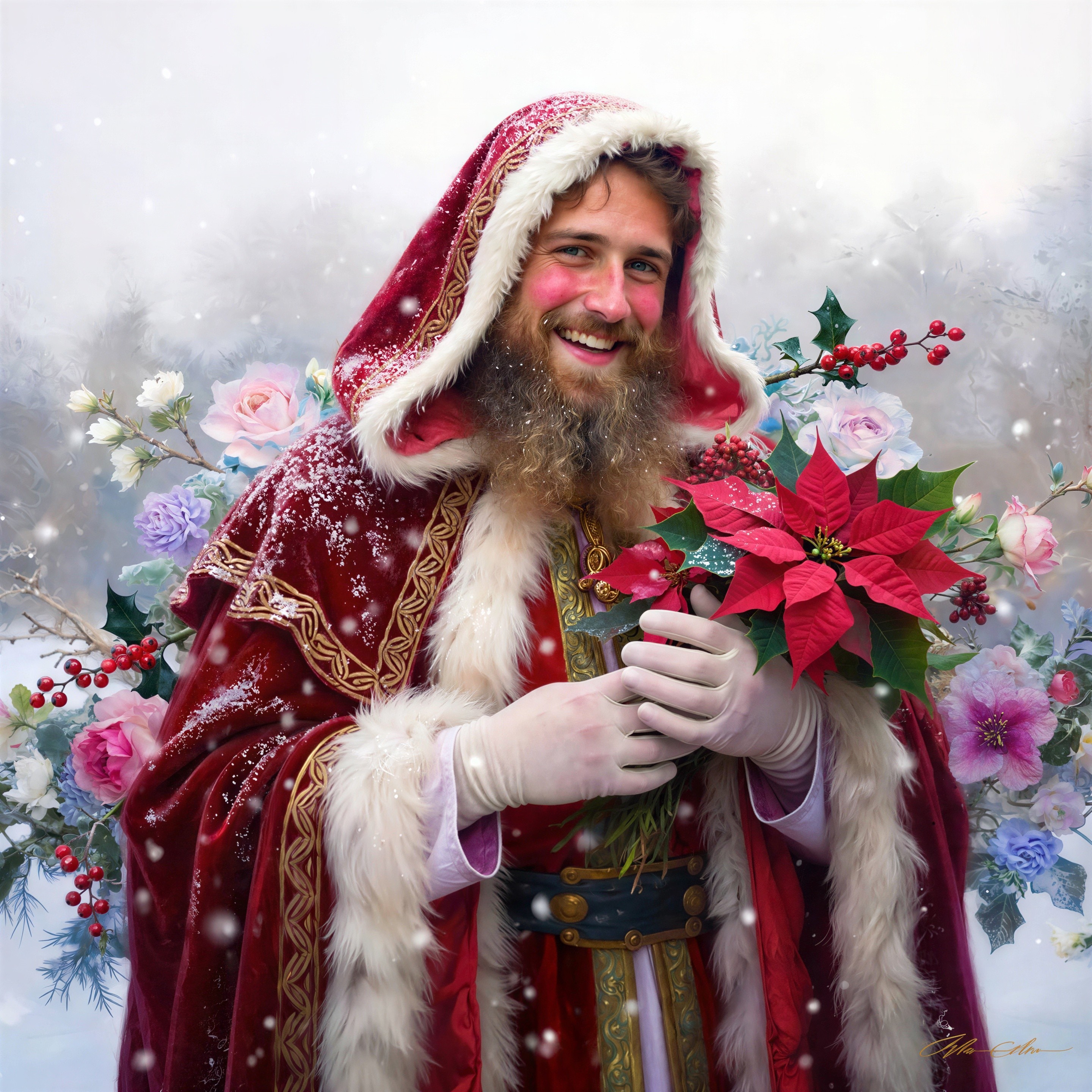 Young Bearded Santa Claus in Snow with Poinsettia Bouquet