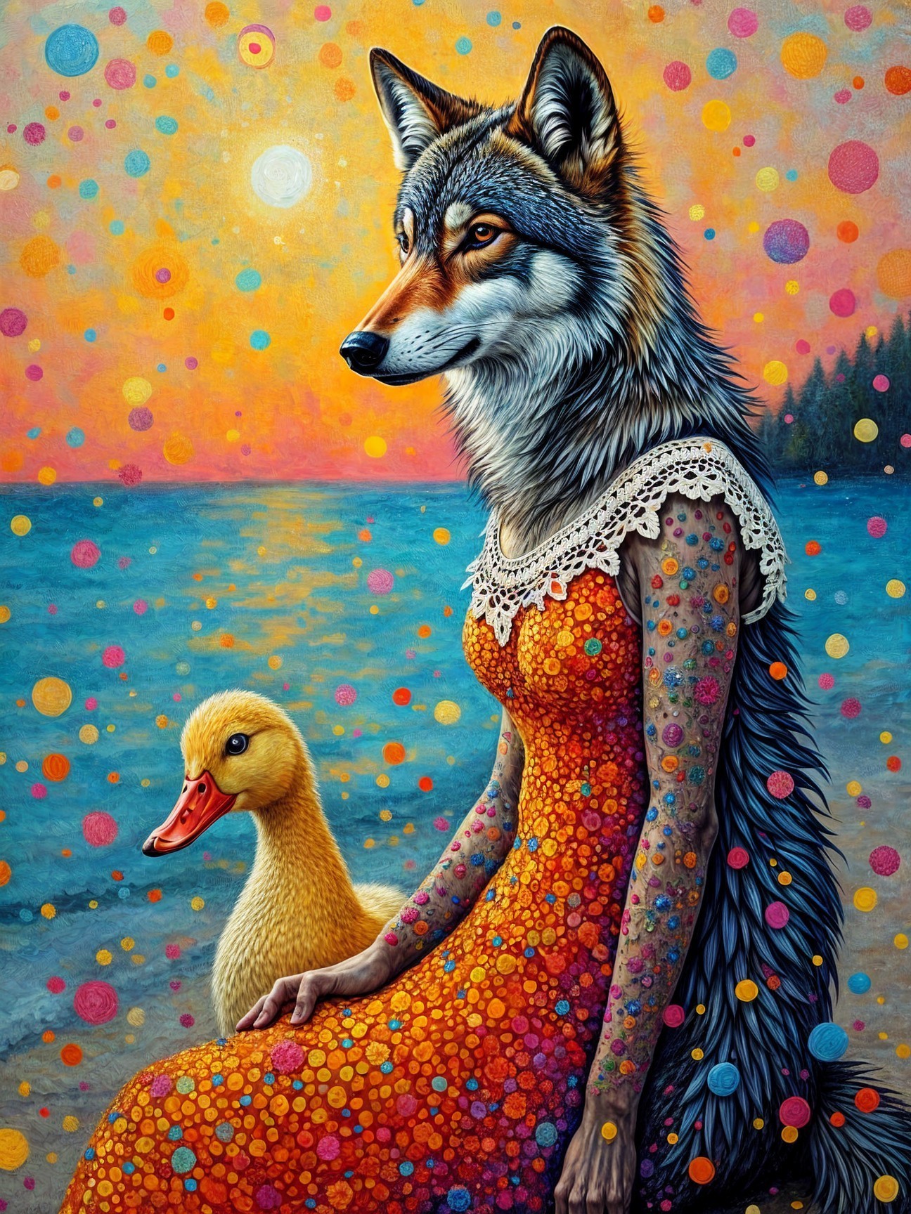 Surreal Landscape with Wolf-Headed Figure and Duck