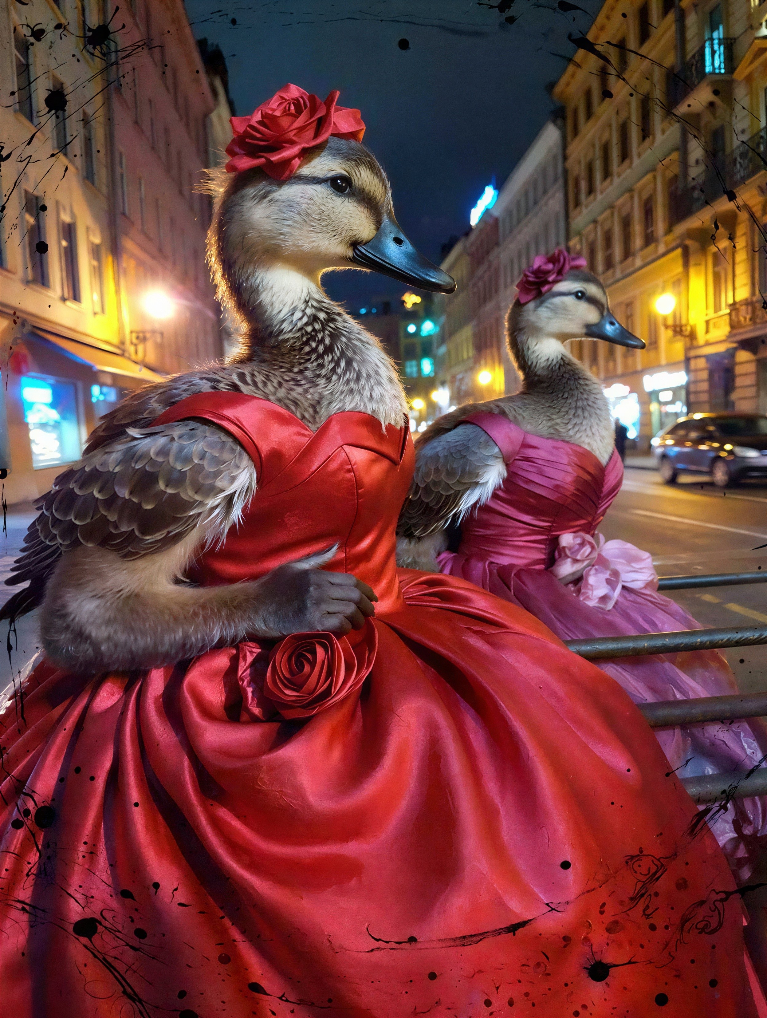 Anthropomorphic ducks in elegant gowns on city street