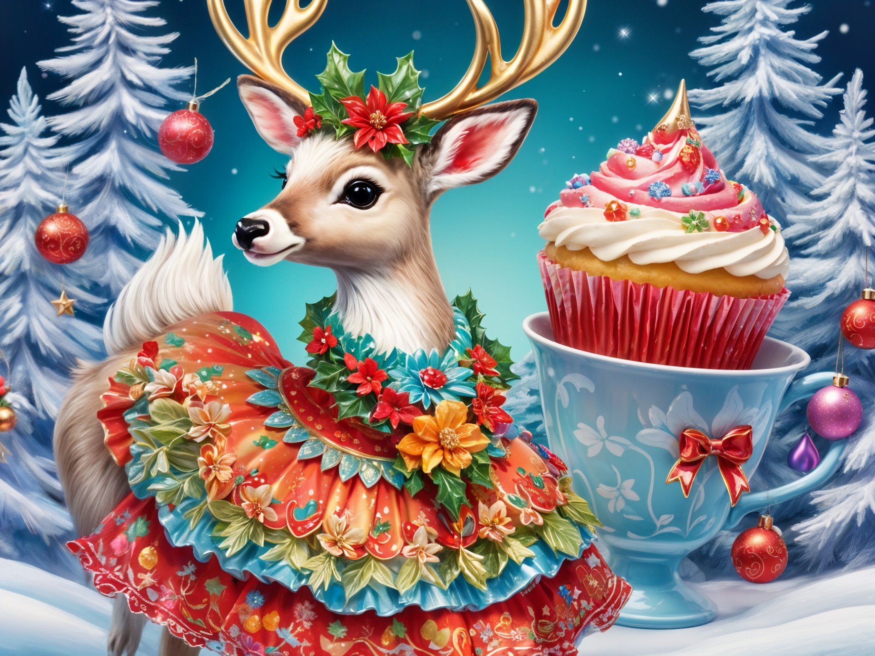 Charming Deer in Festive Dress with Oversized Cupcake