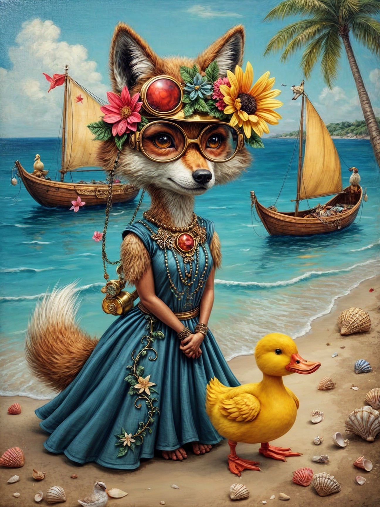 Whimsical Fox in Dress on Beach with Duck and Boats
