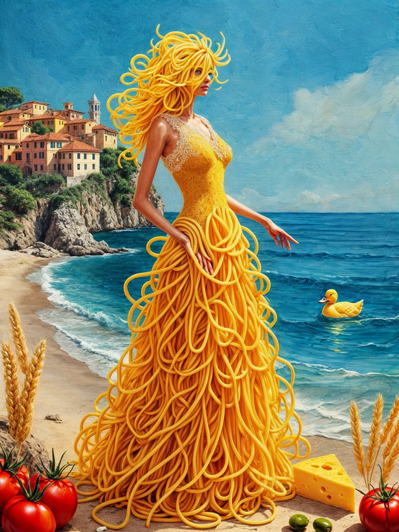 Surreal Scene of Woman in Pasta Gown by Ocean