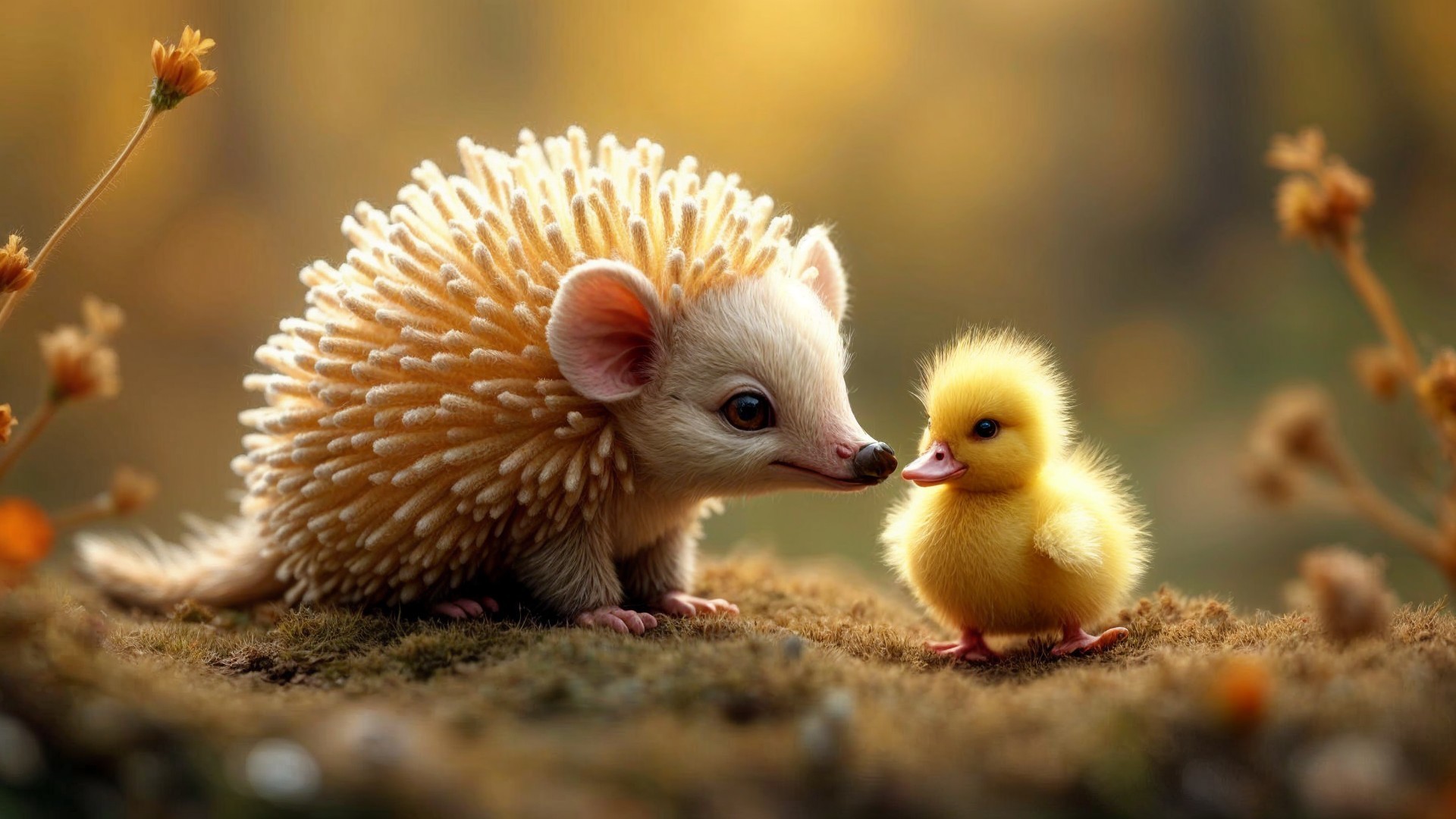 Whimsical Hedgehog and Duckling in Sunlit Garden