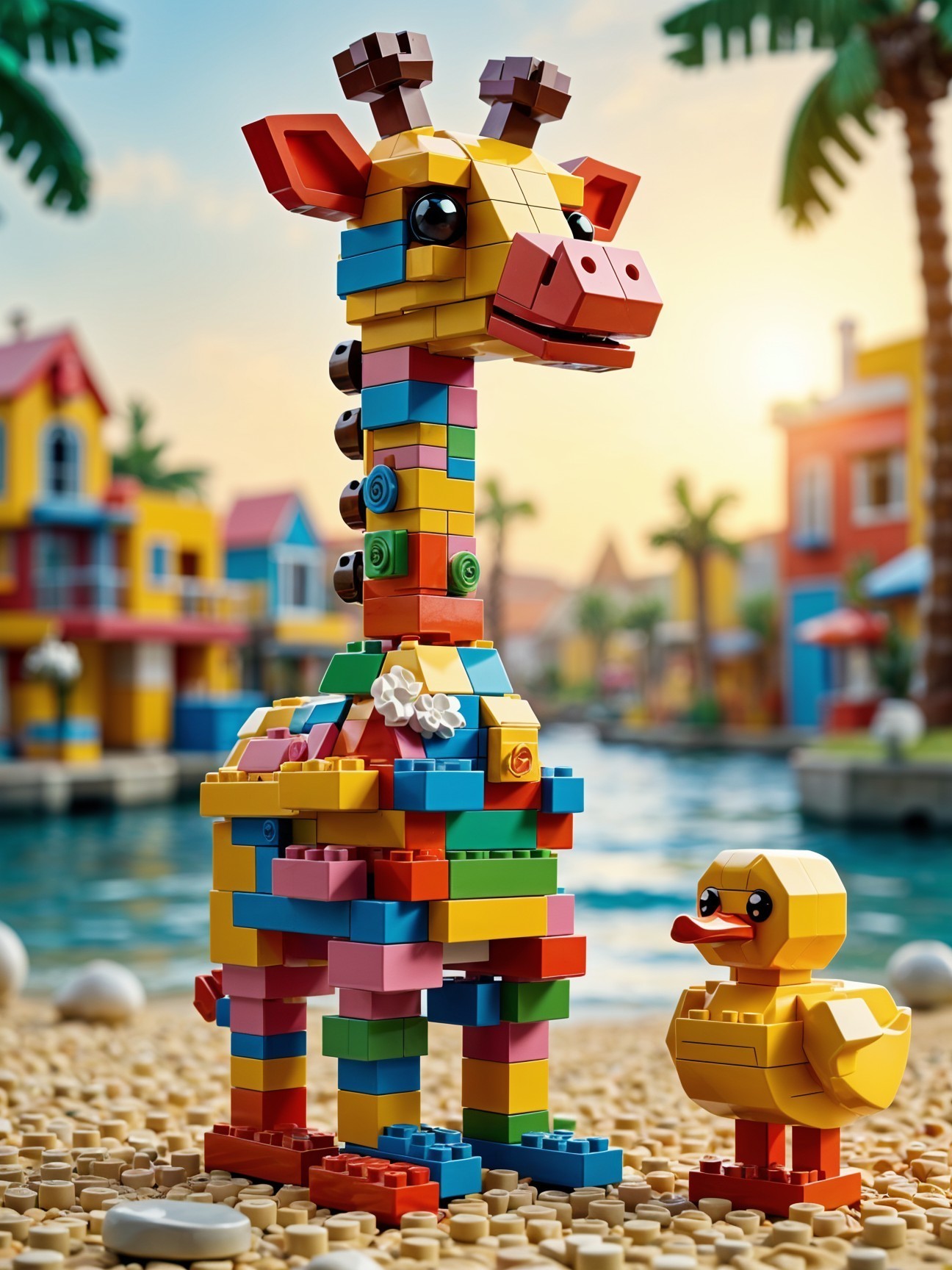 Colorful LEGO Giraffe and Duck in Scenic Setting