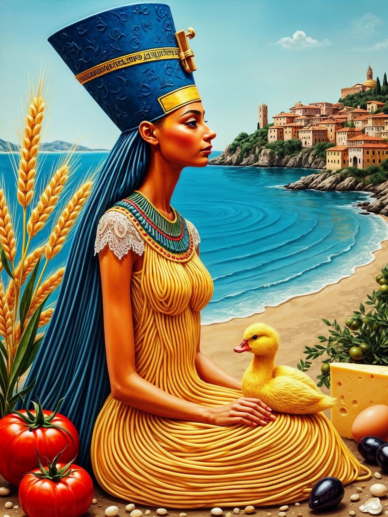 Statue-like Figure in Yellow Dress by the Shore