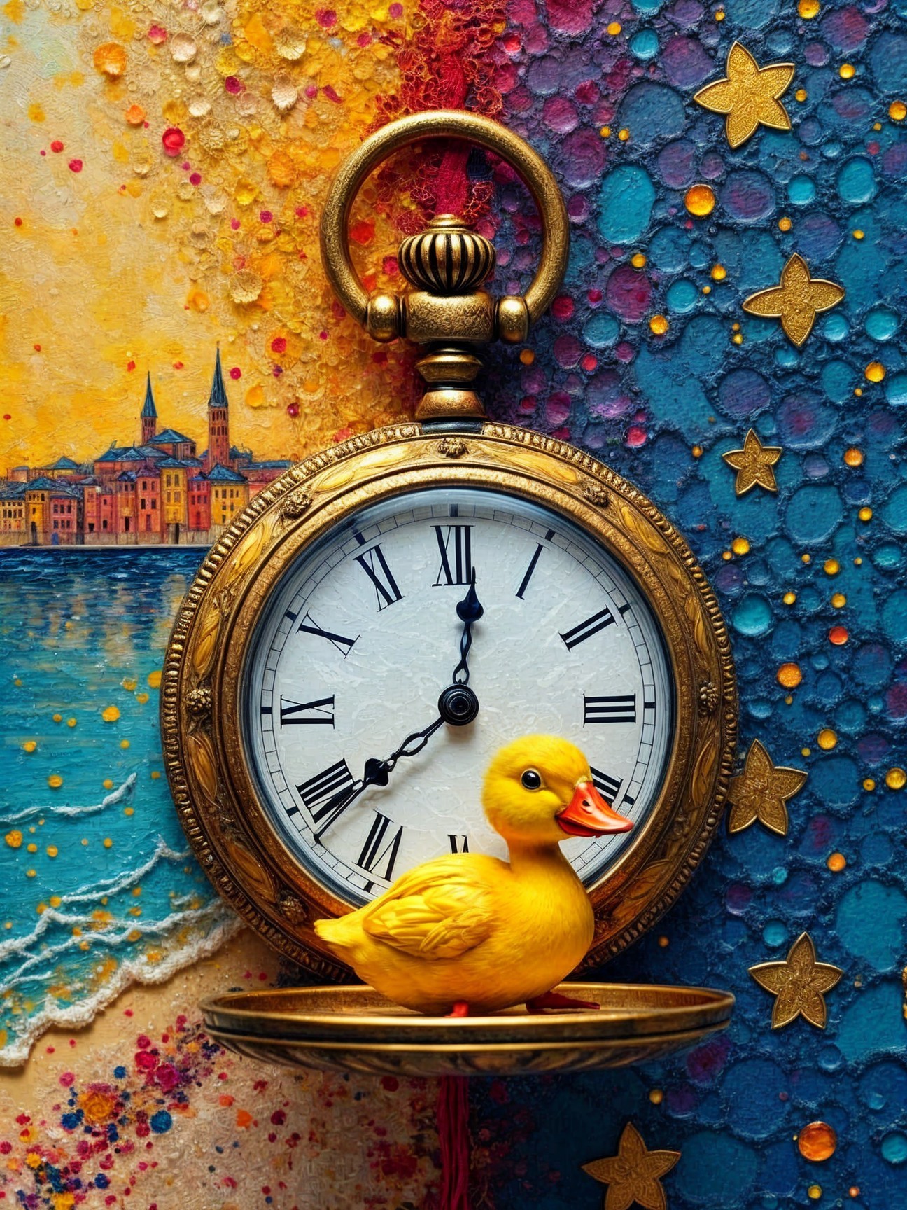 Vibrant Collage of Gold Pocket Watch and Rubber Duck