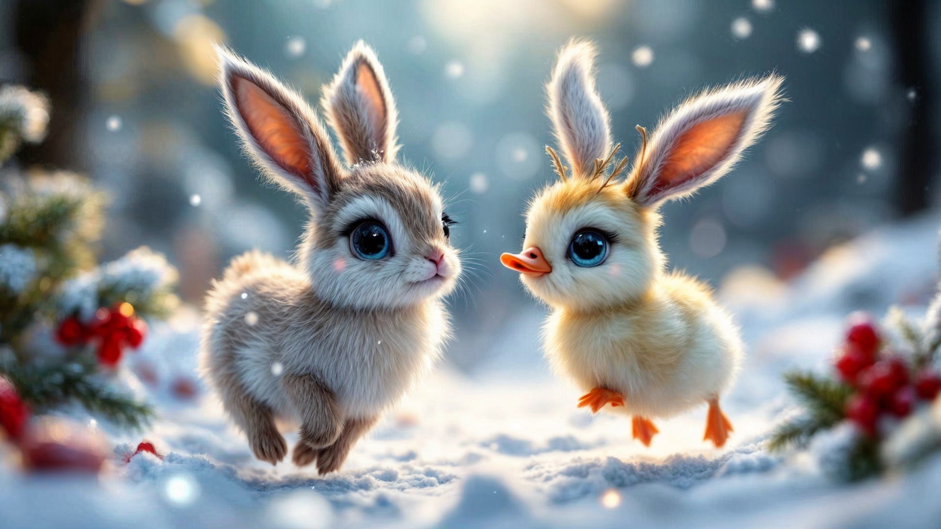 Whimsical Winter Scene with Bunny and Chick
