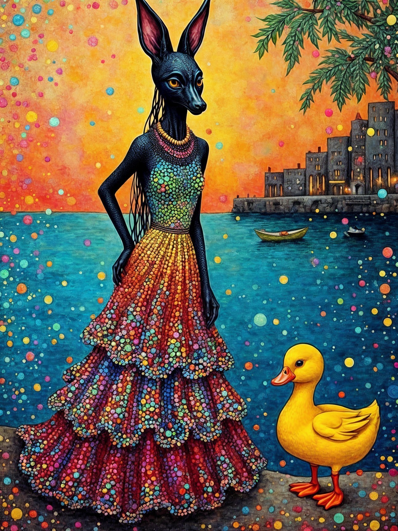 Whimsical Scene of Fox Figure and Duck by Water