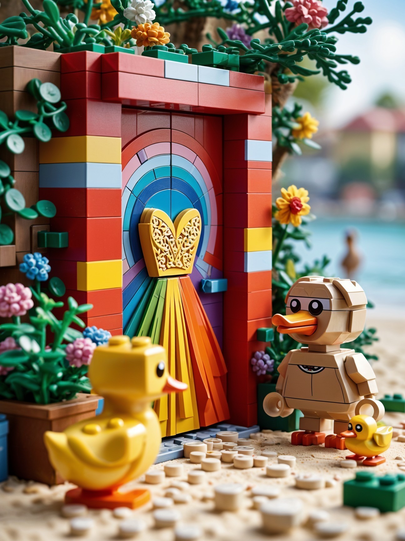 Vibrant LEGO Scene with Rainbow Door and Duck Costumes