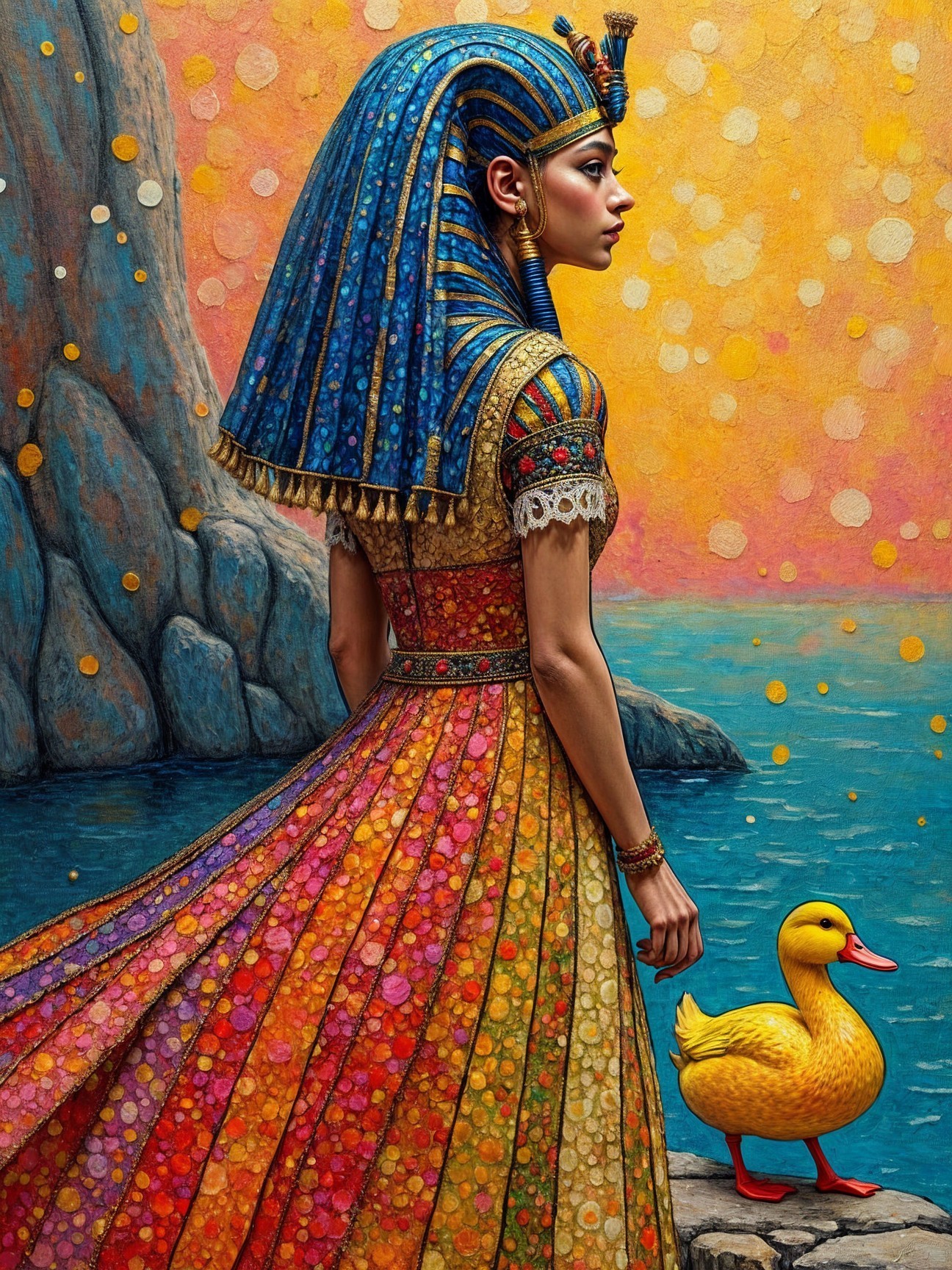 Colorful Egyptian-Inspired Gown by Water with Duck
