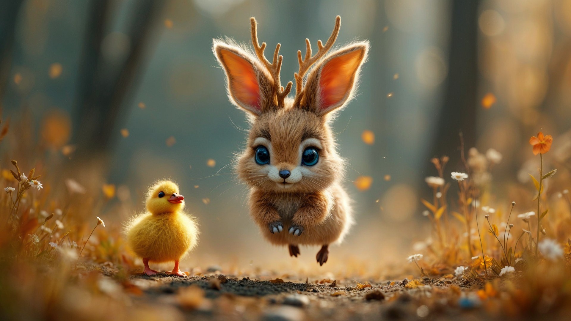 Whimsical Forest Scene with Fluffy Creatures and Flowers