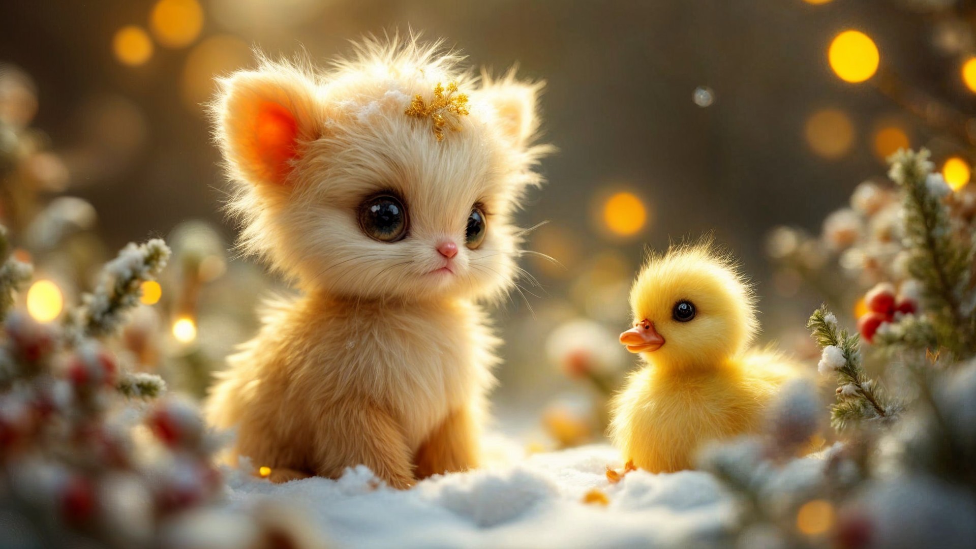 Whimsical Kitten and Duckling in Winter Wonderland