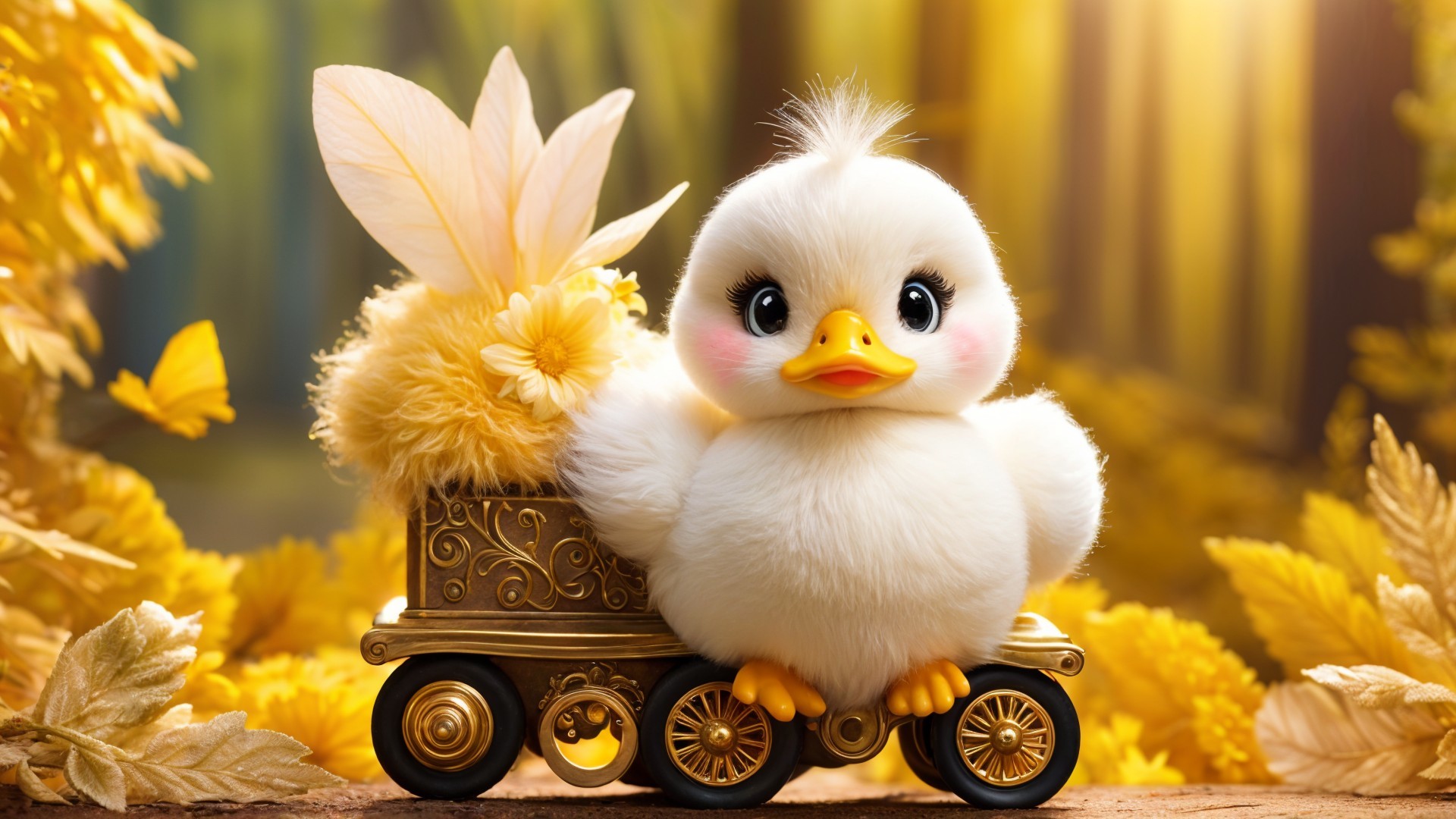 Fluffy Duckling on Vintage Toy Train in Forest Setting