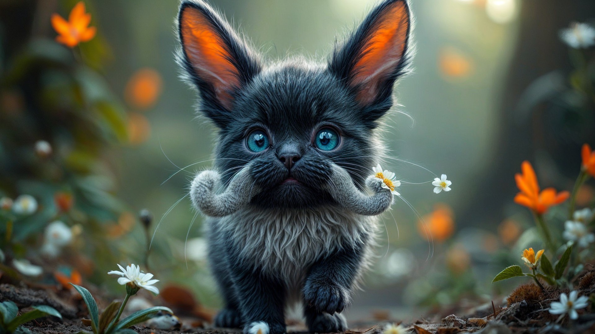 Fluffy Creature with Blue Eyes in Sunlit Forest