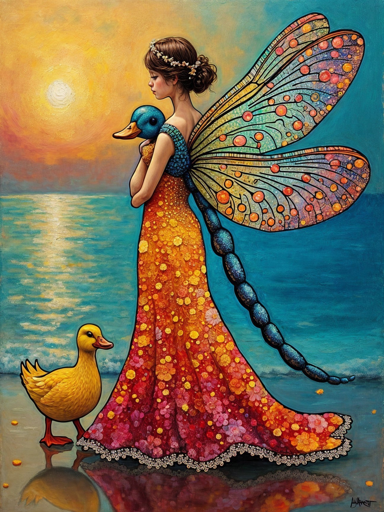 Whimsical Sunset Scene with Girl and Ducklings