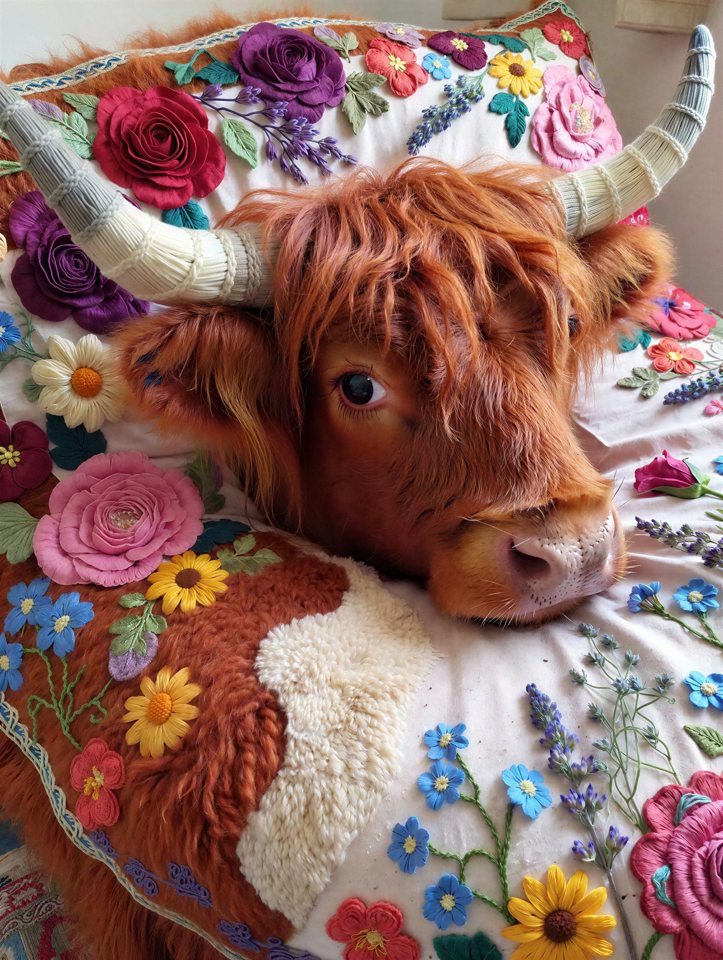 Cuddly Highland Cow Plush on Floral Pillow