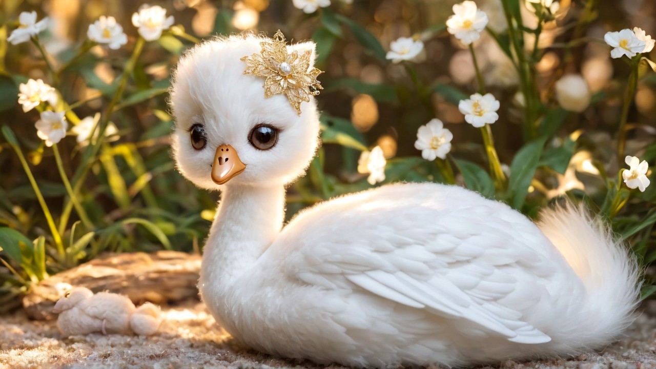 White Duckling Surrounded by Delicate White Flowers