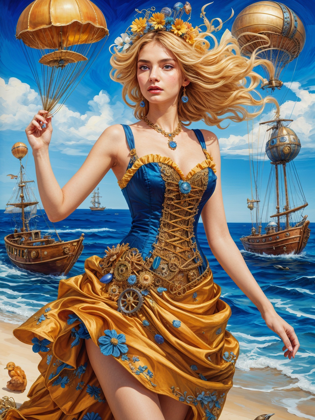Young woman in steampunk dress by the ocean