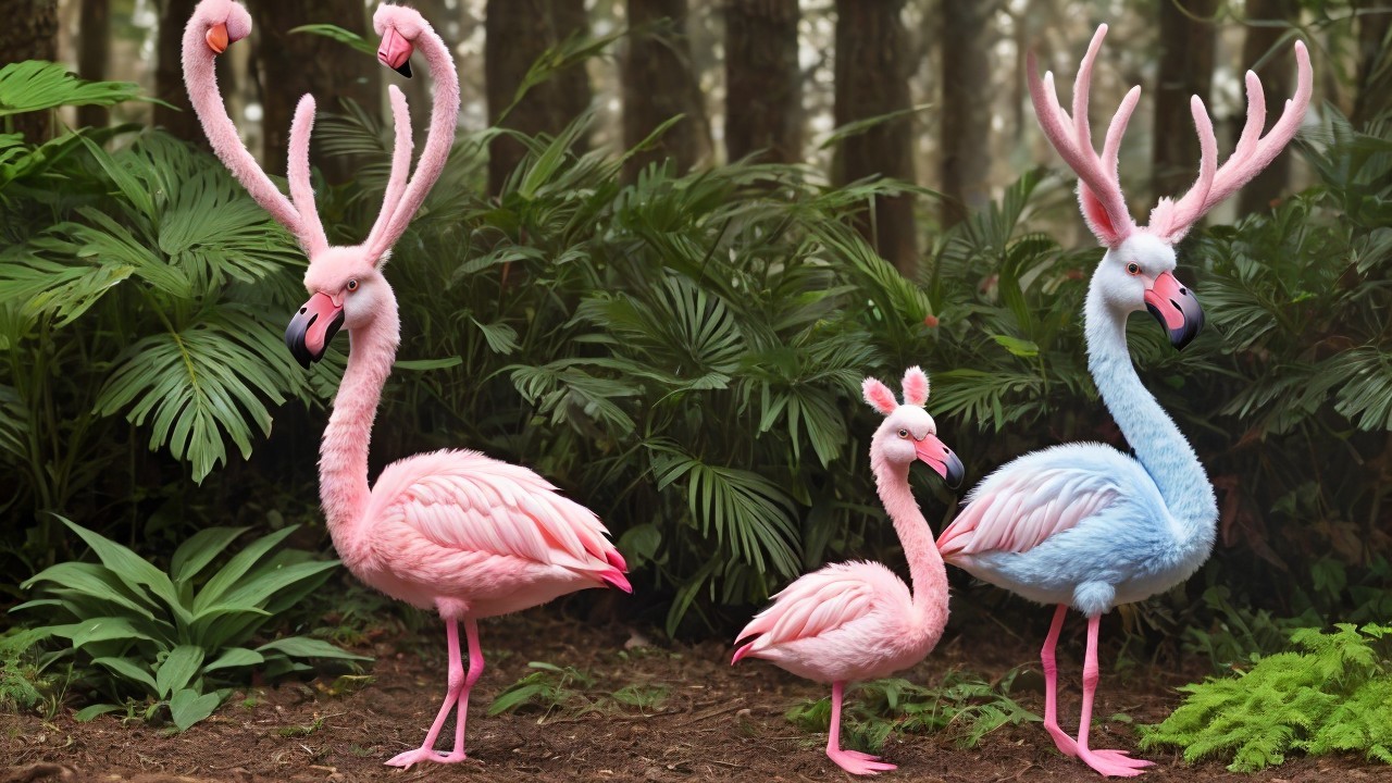 Whimsical Flamingos in a Lush Forest Setting
