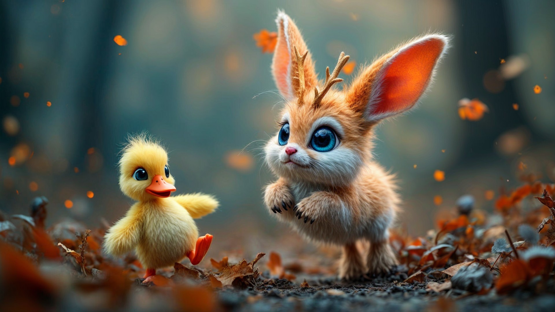 Whimsical Forest Scene with Rabbit and Duckling