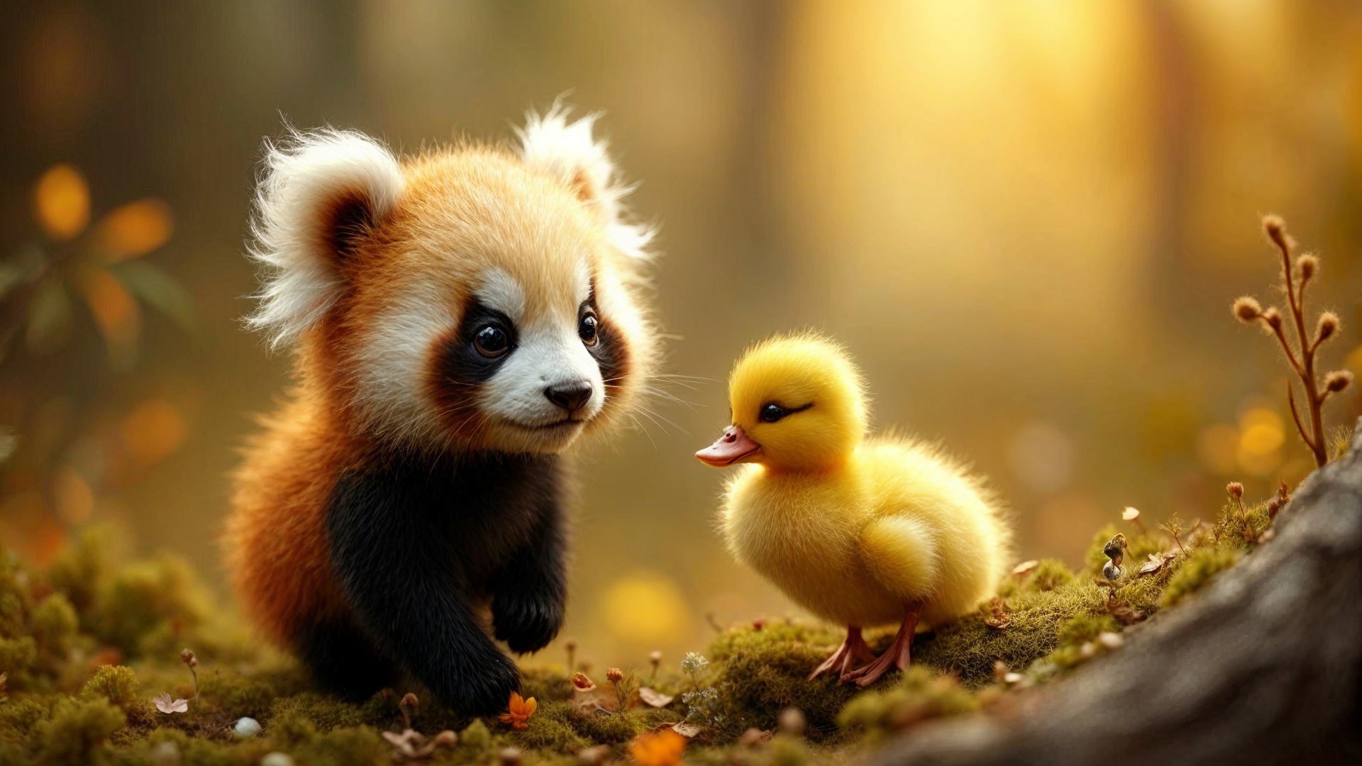 Whimsical Forest Scene with Red Panda and Duckling