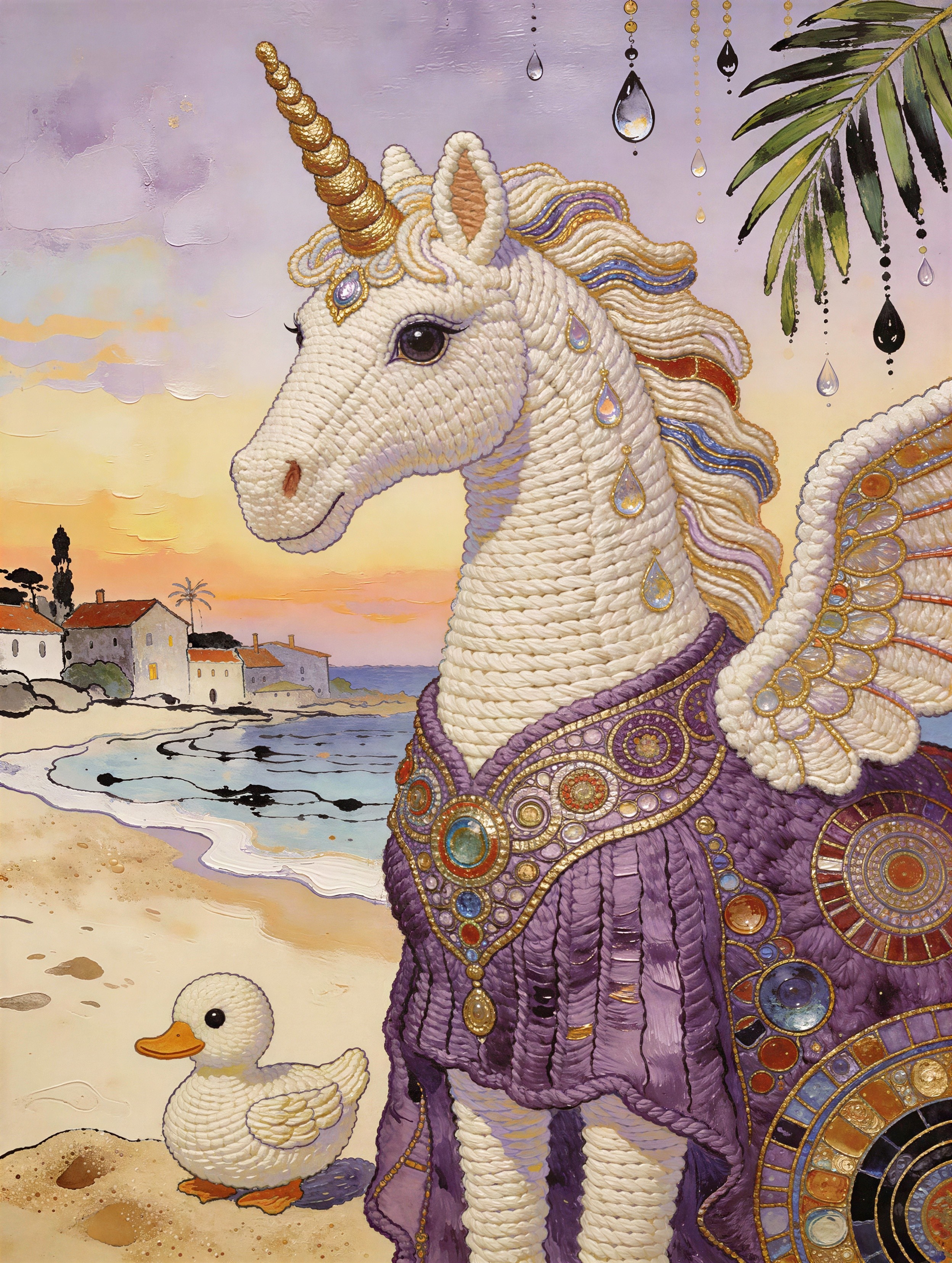 Intricate Yarn Sculpture of a White Unicorn with Robe