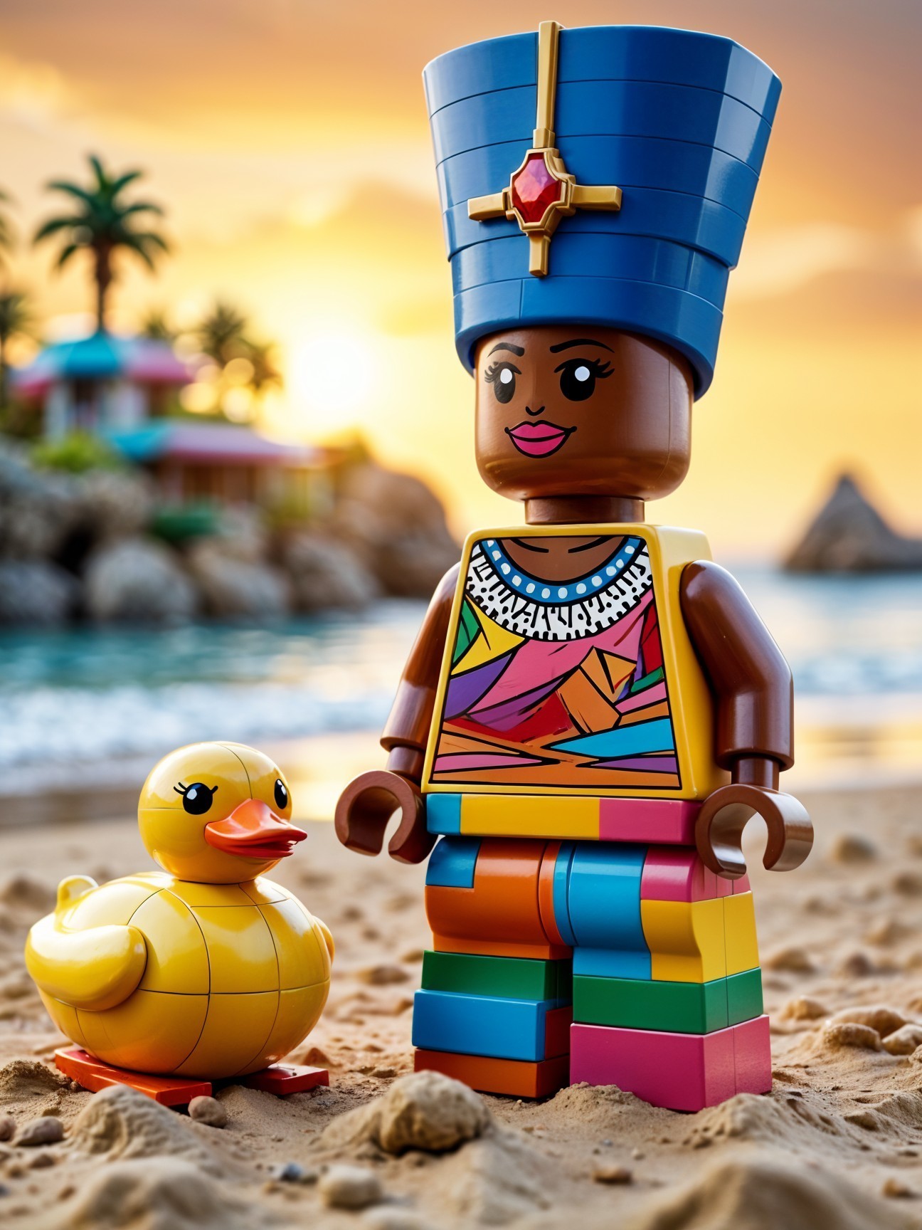 Colorful Lego Figure on Beach at Sunset with Duck