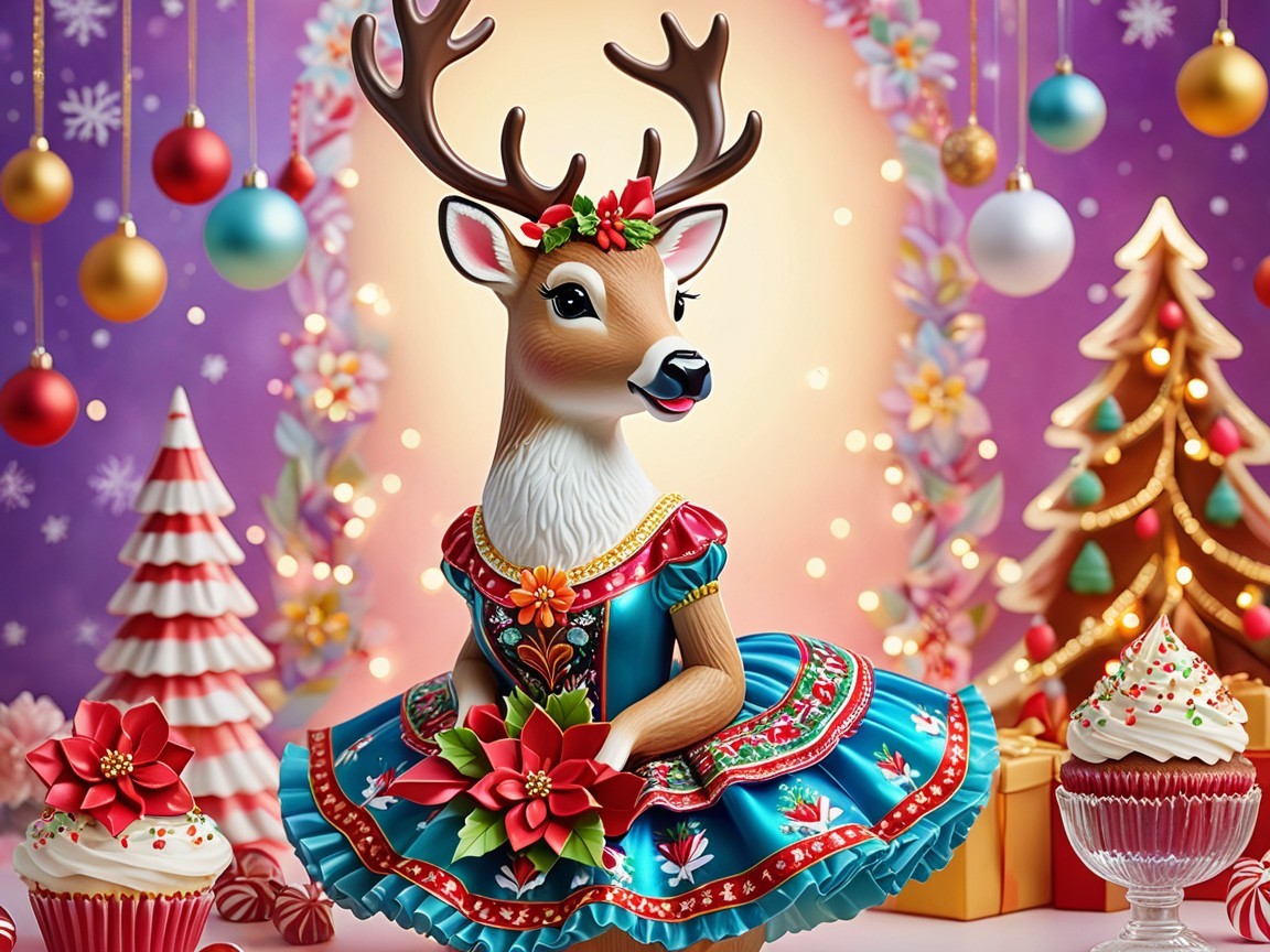Whimsical Holiday Scene with Festive Deer and Decorations