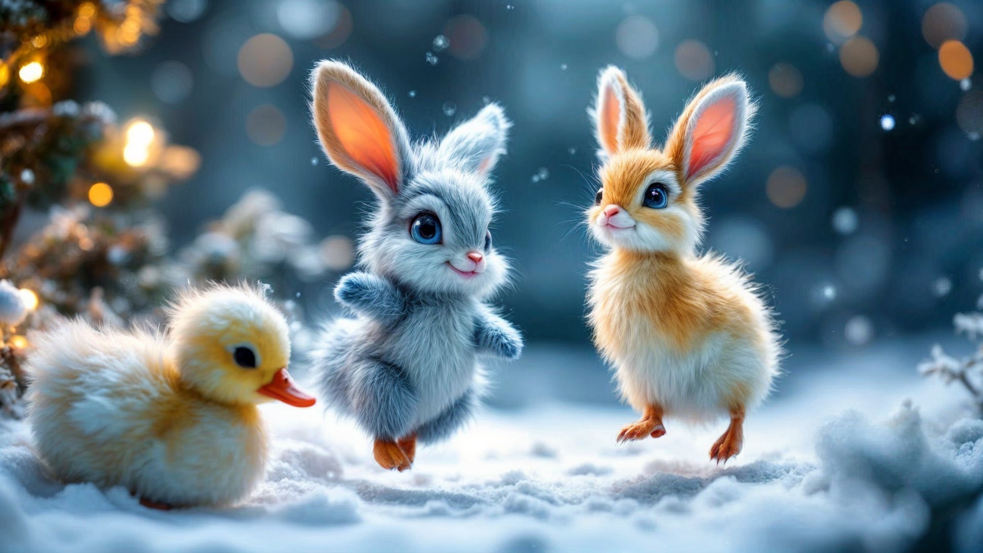 Whimsical Winter Scene with Bunnies and Duckling